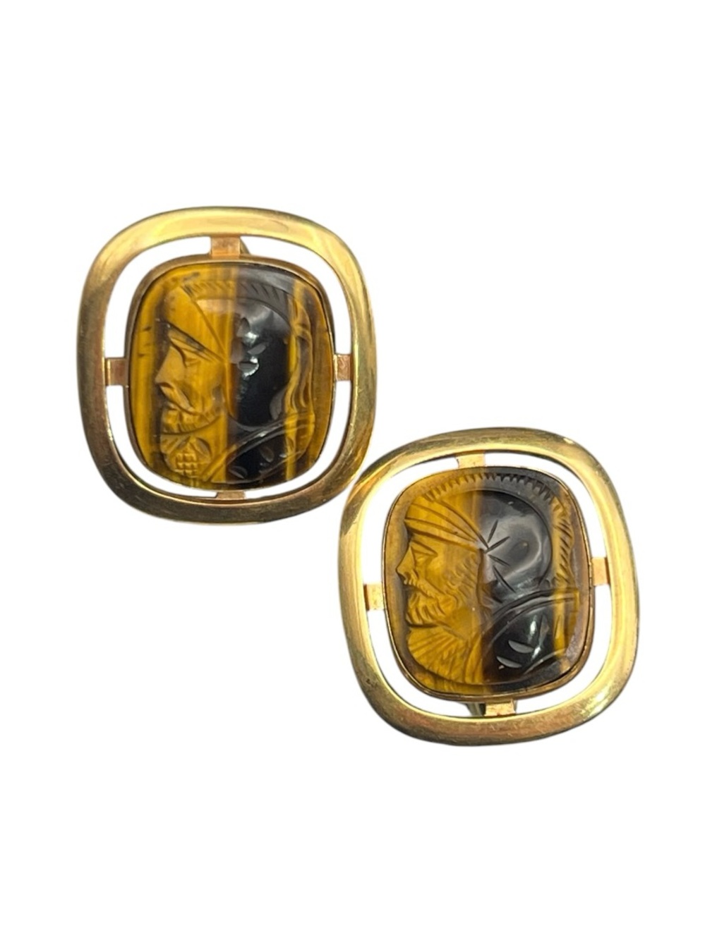 LAMODE MCM Tiger Eye Gladiator Soldier Cameo 10K Gold Filled Cufflinks vintage